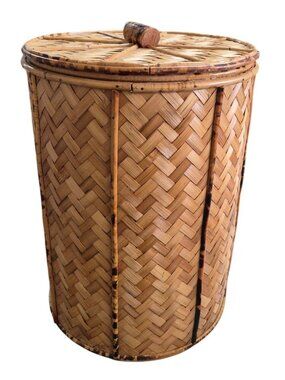 Vintage Woven Bamboo Basket Round Lidded Large Hamper Rustic Storage Laundry